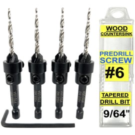 FTG USA Adjustable Wood Countersink Drill Bit 4 Pc #6 (9/64") with Tapered Drill Bits for Woodwork with Storage Container