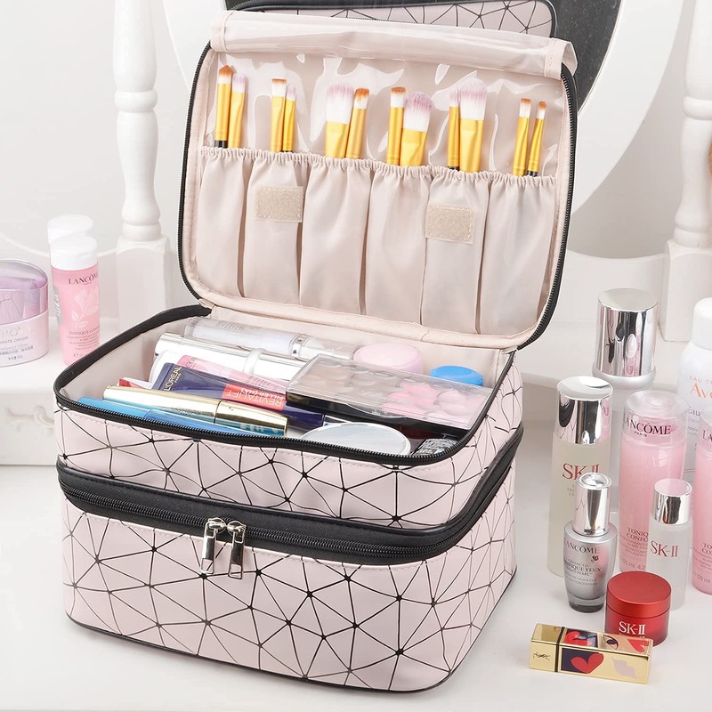 MKPCW Large Double Layer Cosmetic Bag with Brush Pocket and