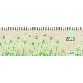 Zettler - Table Landscape Calendar 2025 Grass Paper, 32 x 10.5 cm, Sustainable Office Calendar with 128 Pages, Daily and Week Counting, Two-Month Overview, Wire Binding and International Calendar