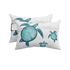 Ocean Coastal Beach Teal Sea Turtle Outdoor Head Pillows for Recliner Chair,Pack of 2 Waterproof Throw Pillow Cushion Cases with Insert&Elastic Strap,Farm Rustic Wooden Plank Pillow for Patio Beach