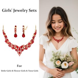 BriLove Flower Maids Bridal Jewelry Clip-on Earrings Sparkling Austrian Crystal Teardrop Cluster Statement Necklace Set for Wedding Prom Ruby Color Gold-Tone