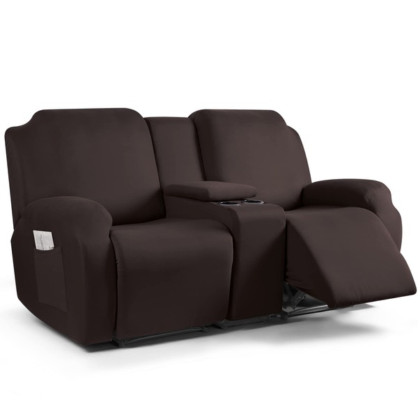 TAOCOCO Recliner Loveseat with Middle Console Slipcover, 4 Piece Polyester Fabric Stretch Loveseat Reclining Sofa Cover (Coffee, 2 Seat Recliner Cover with Middle Console)