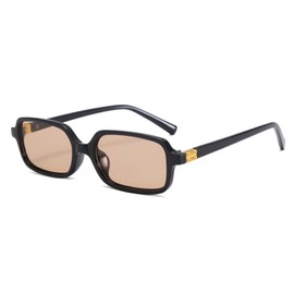 Trendy Vintage Sunglasses for Women Men Retro 90s Small Rectangular Narrow Sun Glasses (Black Frame - Champagne Lens)