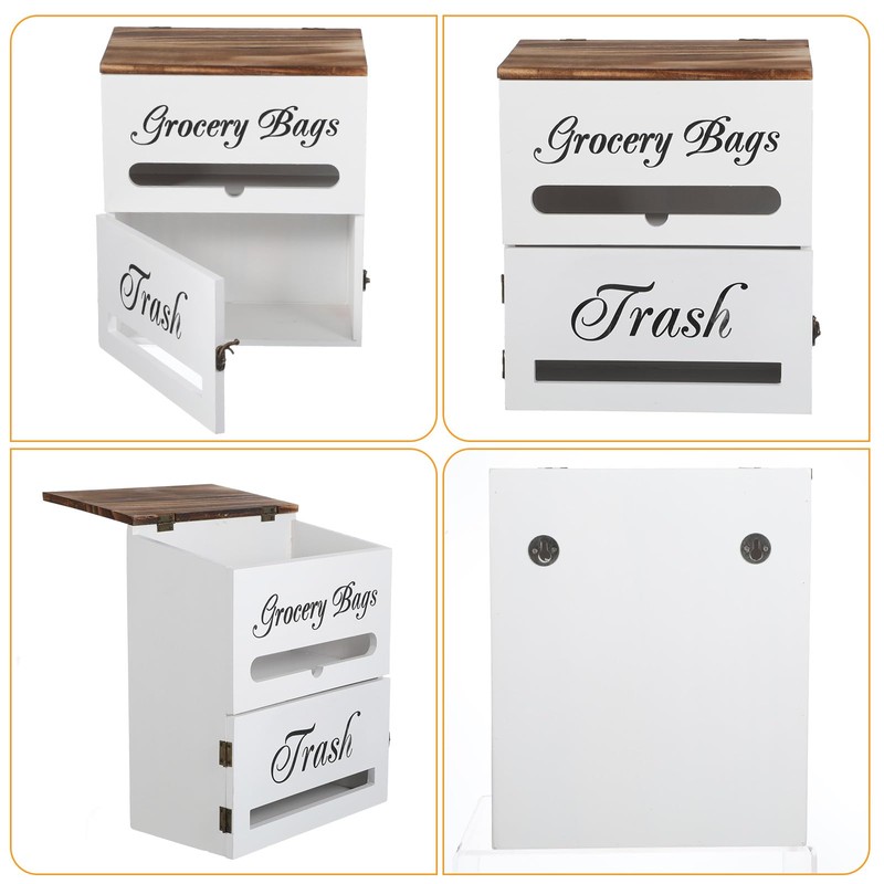 2 in 1 Trash Bag Dispenser,White Wood Trash Bags Holder