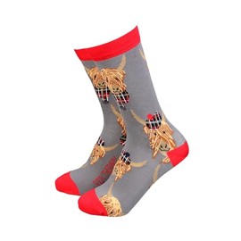 Smiling Faces MAKING SMILES SINCE 2001 Sock Therapy Bamboo Breathable Women's Socks - Tartan Highland Cow - Scottish Gift Socks