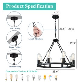 8 Lights Wagon Wheel Chandelier, Black Kitchen Island Lighting Fixture Round Metal Industrial Farmhouse Dining Room Pendant Light for Living Room Foyer Entryway,E26 Socket, 23.6". Height Adjustable