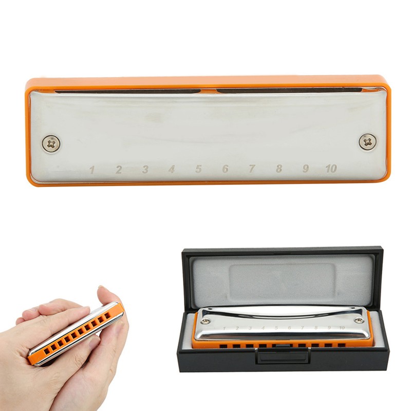 Blues Harmonica 10‑Hole Mouthorgan E Key Wind Instrument Waterproof Corrosion‑Resistant(Orange