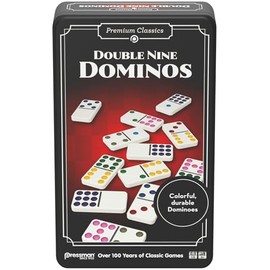 Goliath Double 9 Dominos - Classic Family Board Game for Children from 5 Years - 55 Numbered Dominoes for 1 to 8 Players - Metal Travel Box Dominoes Game