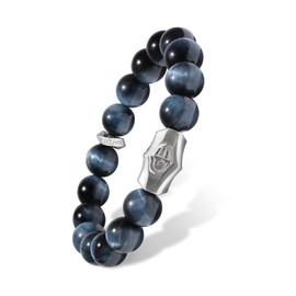 AWNL Men's Hawk Eye Beaded Bracelet Premium Sterling Silver Hamsa Hand Charm Natural Gemstones (10mm) Elastic Cord Bracelet for Men, 6.3"-6.7"