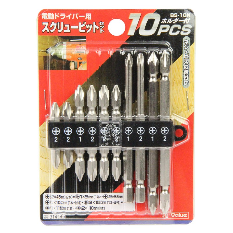E-Value BS-10N Screw Bit Set of 10 Hex Shaft, 0.25