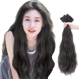LS Fer Wig Extension Collar Wig, One-touch Wig, Long Curl, Women's Hair Volume, Increases Volume, Easy to Wear, Detachable Clip, Set of 3, Wig (21.7 - 21.7 inches (55 cm), Deep Brown)