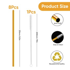 Stainless Steel Drinking Straws Gold, Reusable Metal Straws for Juice Iced Coffee Water Smoothies, 0.24" (6 mm) Wide 215 mm Long, Fits 20 oz Tumblers and Cups, Set of 8 with Cleaning Brush