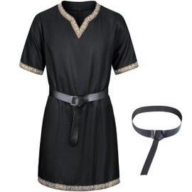 Mens Medieval Costume Viking Pirate Tunic Knight Warrior Renaissance Shirts with Belt Black 2XL