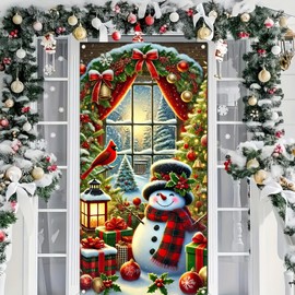 Christmas Snowman Door Banner Porch Sign, Hanging Wall Decoration, 71 x 35 Inch, Polyester Xmas Front Door Banner for Christmas Party, Outdoor Indoor Holiday Decorations for Yard, Garden, Porch, Lawn