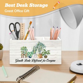 Yjeslw Mental Health Inspirational Pen Holder Organizer for Desk Accessories, Growth Looks Different for Everyone Motivational Wooden Box Desk Decorations for Therapy Counselor Office Decor