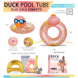 POZA Inflatable Duck Pool Float Tube- Heavy Duty Vinyl UV Resistant Confetti Pool Duck Floatie, Animal Pool Float Swim Ring Pool Inflatables for Kids and Adults for Beach, Party, Vacation - Rose Gold