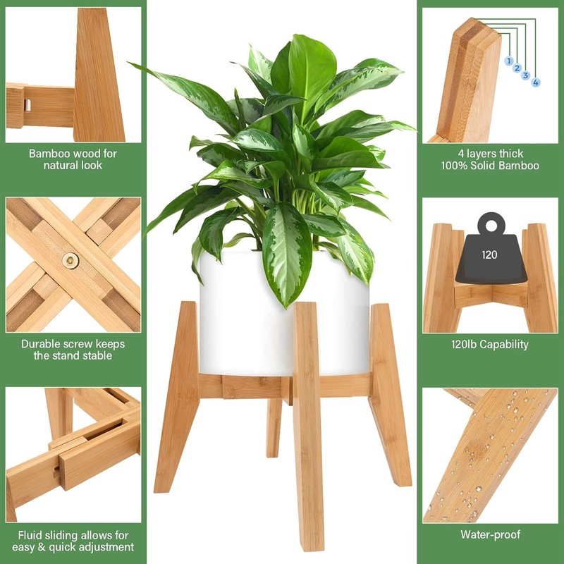 LEIMO KPARTS Adjustable Bamboo Plant Stand (8-12 inches), Mid Century