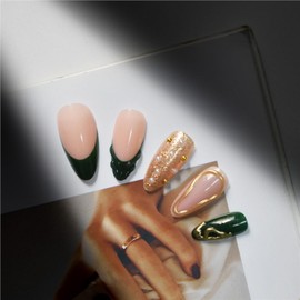 Gold Medium Almond Press on Nails Fake Nails French Tip with 3D Rhinestone Designs Handmade Nails Stick on Nails for Women 24Pcs Full Kit with Jelly Glue & Tools (P-15, M-15)