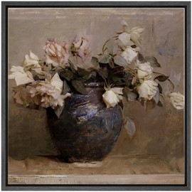 SIGNFORD Framed Canvas Print Wall Art Impressionist Roses in Vase Textured Floral Still Life Nature Wilderness Illustrations Rustic Zen Colorful for Living Room, Bedroom, Office - 16"x16" Black