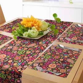 ABAKUHAUS Great Table Runner & 4 Piece Placemats, Hippie Colourful Paisley Music Key Typography Idealism Historical Revolution Table Decoration Set, 180 x 40 cm, Black Pink