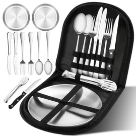 Camping Crockery Set for 2 People, 10 Pieces Stainless Steel Camping Cutlery, High Quality, Space-saving for Outdoor, Picnic, BBQ