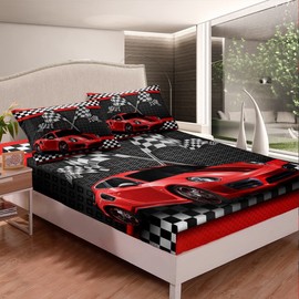 Racing Car Fitted Sheet Single Size, Red Sports Car Bed Cover with 1 Pillowcase, Black White Checkered Flag Bedding Set 2pcs for Kids Teens Room Decor, Soft Polyester Bedding