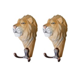 LongJT 2PCS Natural Wooden Hooks Animal Creative Wall Mounted Art Décor Hat Coat Towel Hanger Gift (Lion)