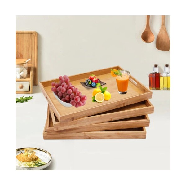 Unbranded 4pc Serving Tray Bamboo Wooden Tray w/ Handles Great
