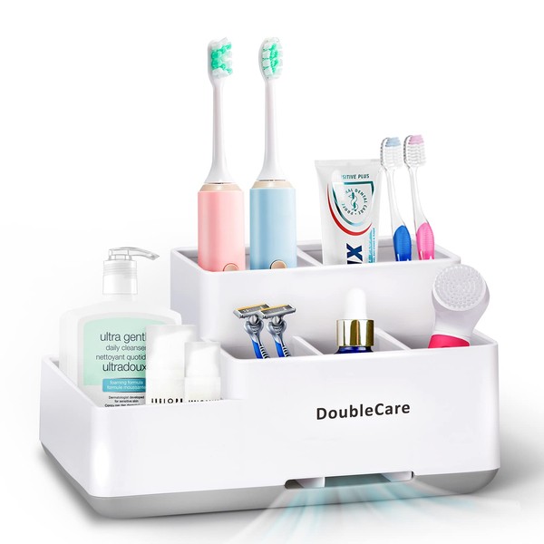 Toothbrush Holder, Bathroom Organizers Countertop, 6 Compartments Multifunctional Washroom Organizer for Toothpaste, Cosmetic, Makeup, Office Stationery Pencils, White