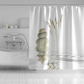 OERJU Casual Style Shower Curtain Zen Stone Wild Grass Reflection in Water Meditation Design Bath Curtain Waterproof Polyester Fabric Bathroom Decor Set with Hooks 65x72inch