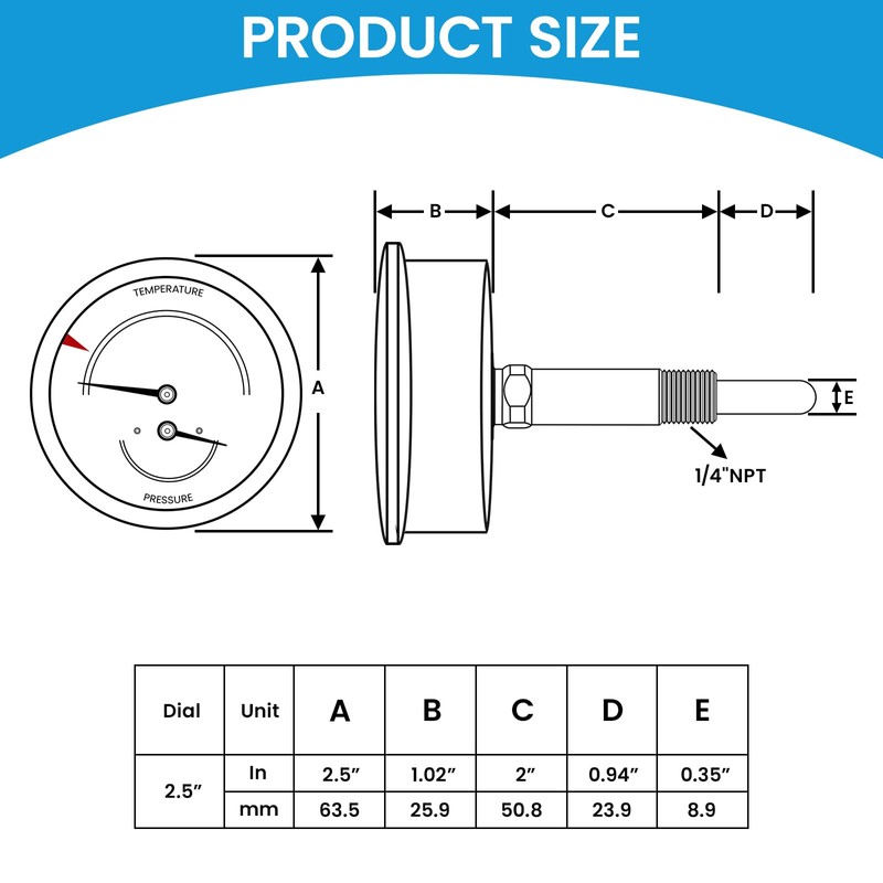MEASUREMAN Commercial Tridicator, 2.5" Dial, 1/4" NPT Back Mount, Dual
