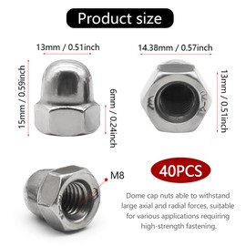 Aoyswuz 40 Pcs M8 Dome Cap Nuts 304 Stainless Steel Acorn Dome Head, Dome Head Hex Lock Nuts for Fastening Various Bolts(M8)
