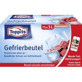 Toppits Gefrierbeutel Vorratspack, 3 Liter, 75 Stück, Standboden, Transparent