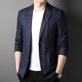 ZANBANG SSR278 Tailored Jacket, Men's, Cotton Linen, Blazer, Summer Jacket, Slim, Striped, Business, Linen Jacket, Loose, Casual, Comfortable, Large Size, navy