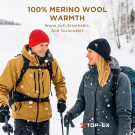 TOP-EX Winter 100% Merino Wool Beanie Hat Men Women Warm Thermal Wooly Hats for Running Golf Cold Weather Grey L/XL