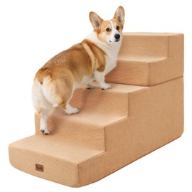Made4Pets Dog Stairs for High Bed, Extra Wide Pet Stairs for Bed Couch Sofa, 35D Foam Pet Steps for Small Dogs and Cats, Non-Slip Bottom Dog Steps, Tan, 5 Steps