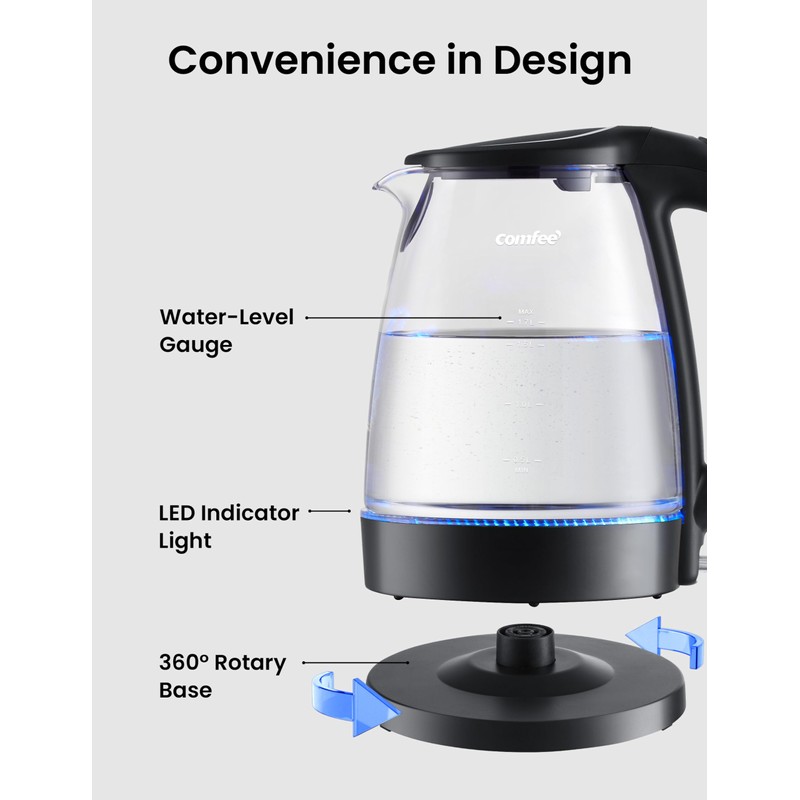 COMFEE' Electric Kettle, 1.7L Hot Water Boiler, 1500W Fast Boil,