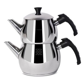 Serenk Modernist Stainless Steel Teapot | 1 L Top, 1.5 L Base, Induction Ready, Mirror Finish, Cool-Touch Handles, Elegant, Durable, Dishwasher Safe