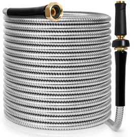 TOOLCY Metal Garden Hose- 304 Stainless Steel Water Hose 50 ft with Brass Nozzle - Super Flexible, No Kink, Heavy Duty, Puncture-proof, Lightweight, Durable Garden Hoses for Yard, Outdoor, Lawn