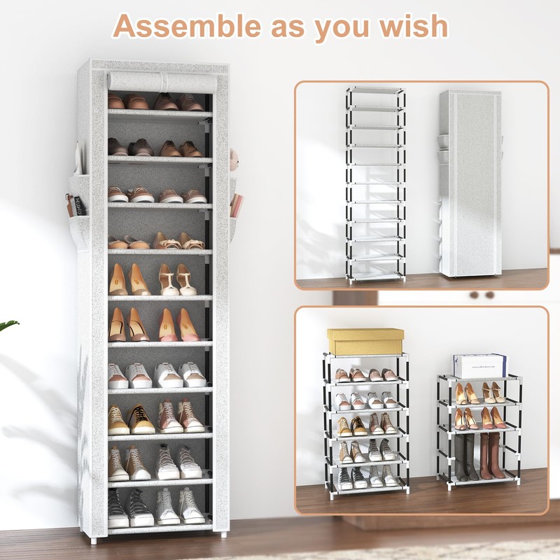 VTRIN 10-Tier Shoe Rack with Cover, Tall Narrow Shoe Organizer,