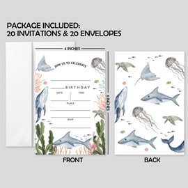20 Sets Under the Sea Birthday Party Invitations With Envelopes, Sea Creatures Whale Turtle Shark Jellyfish Double-sided Printed Birthday Party Invitation Invite Cards for Kids Adults,Birthday Invites