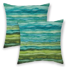 Blue Teal and Green Pillow Covers 16x16,Watercolor Striped Waves Outdoors Decorative Throw Pillows for Couch,Abstract Paint Brush Gradient Sea Linen Decor Cushion Cover 2 Pcs for Bed Car Safa