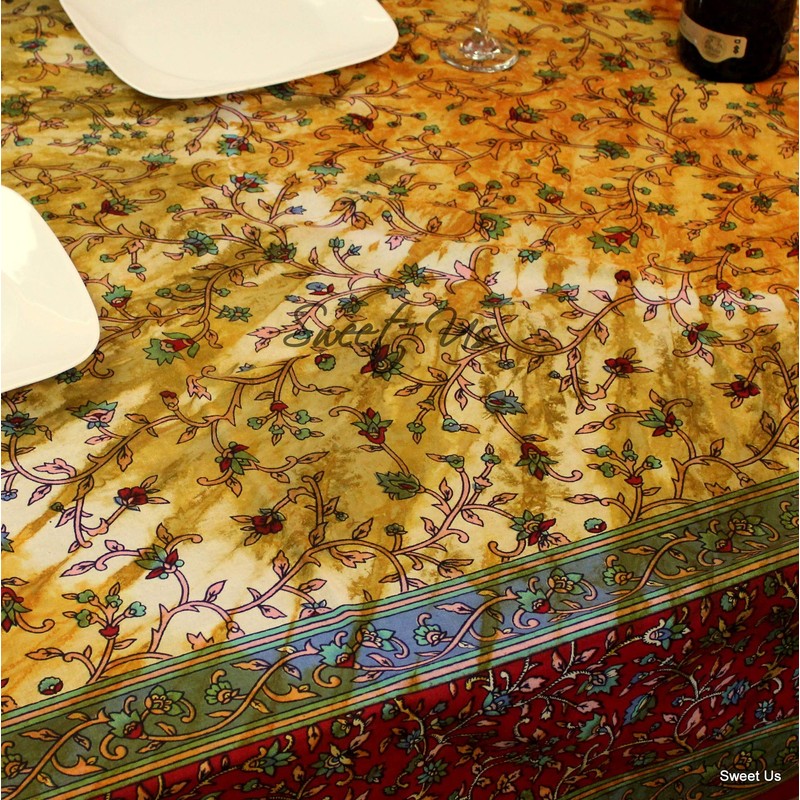 India Arts Cotton Floral Tie Dye Tablecloth Rectangle Red Tan