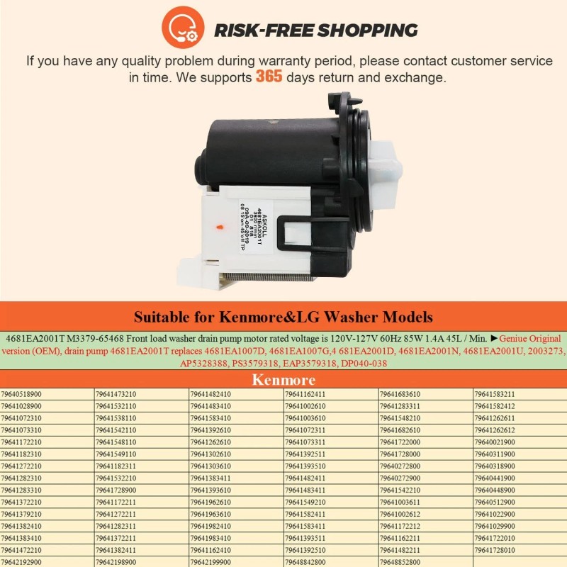 Beaquicy 4681EA2001T Washer Drain Pump OEM Motor Replace for Kenmore