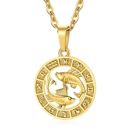 GHIUYUI Zodiac Sign Pendant Necklaces for Women Men Stainless Steels Pisces Constellation Horoscope Medallion Retro Celestial Astrology Jewelry (Pisces 2.19~3.20, Gold)