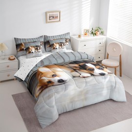 Erosebridal Corgi Dogs 7 Piece Comforter Set Full Bed in a Bag,Pup Dog Bedding Sets Cute Pet Animal Sheet Set with Comforter