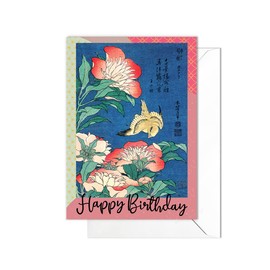 Happy Birthday Greeting Cards - Japanese Ukiyo-e Wood Block Print Art Card with Envelope (Hokusai Peonies and Canaries) - Code P12