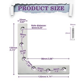 Alise L Flat Brackets,Corner Bracket Corner Brace Mending Plate Repair 4.8''x4.8'' Stainless Steel Flat Braces for Wood Tables, Chairs, Sofas, Beds, Cabinets, Doors and Windows,Brushed,4Pcs