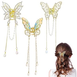 3 Pinzas para el pelo con forma de mariposa, con borlas de mariposa, de diamantes de imitación, de metal, exquisitas, antideslizantes, para mujeres y niñas