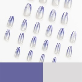 Blue Ombre Press on Nails Medium Coffin Fake Nails Acrylic Glue on Nails with Gradient Glitter Bling Cat Eye False Nails Press ons with Glue Stick on Nails for Women and Girls 24 Pcs
